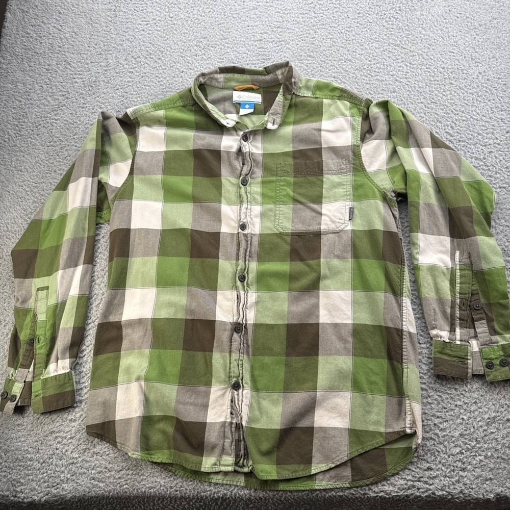 Columbia Shirt Mens Large Green Plaid Cotton L/S Button Down Outdoor Casual